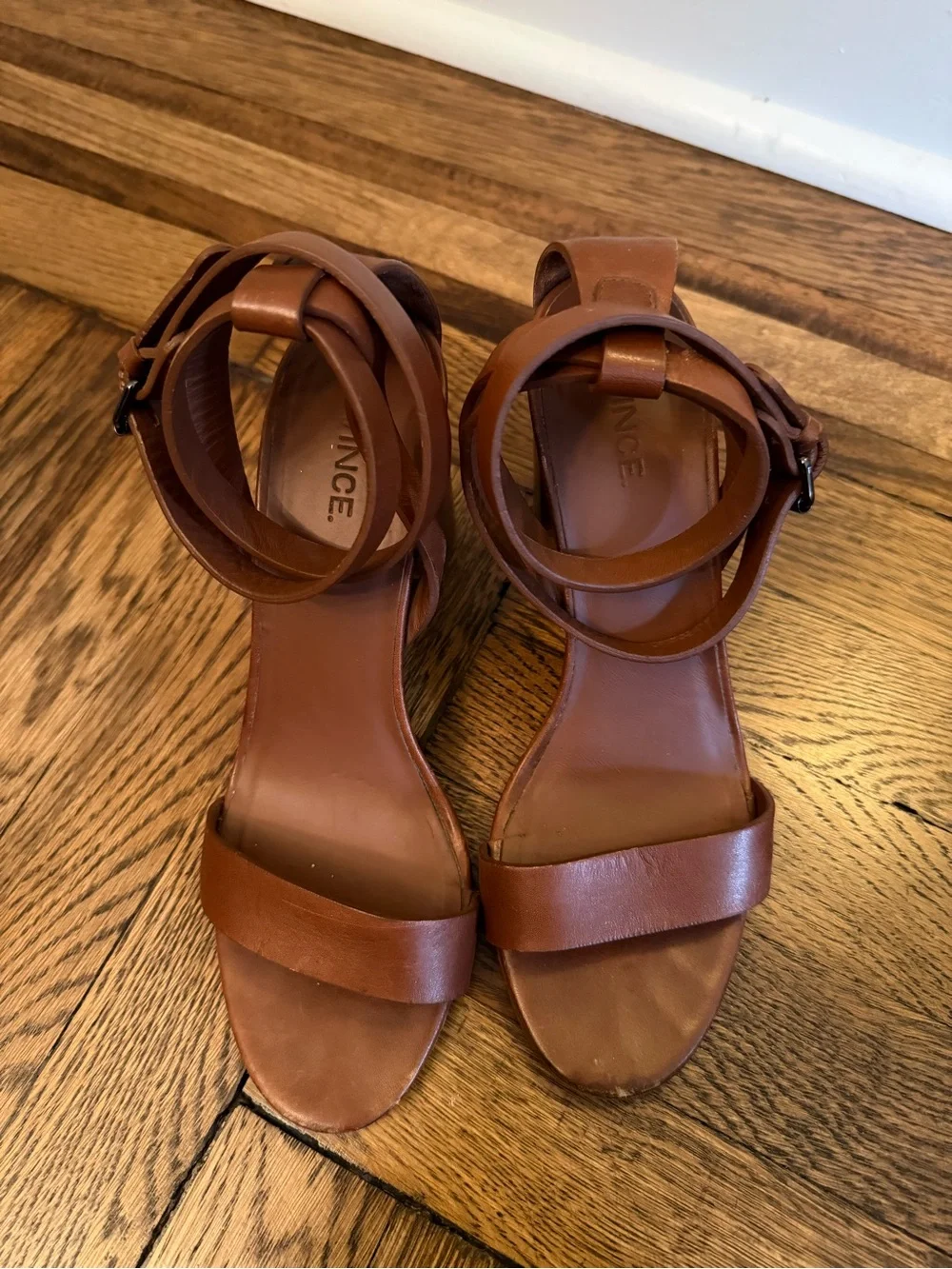 Vince Brown Leather Block Heel Sandals with Ankle Strap